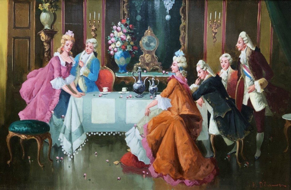 Genre Figurative Oil Portrait Painting Courtiers Taking Afternoon Tea ...